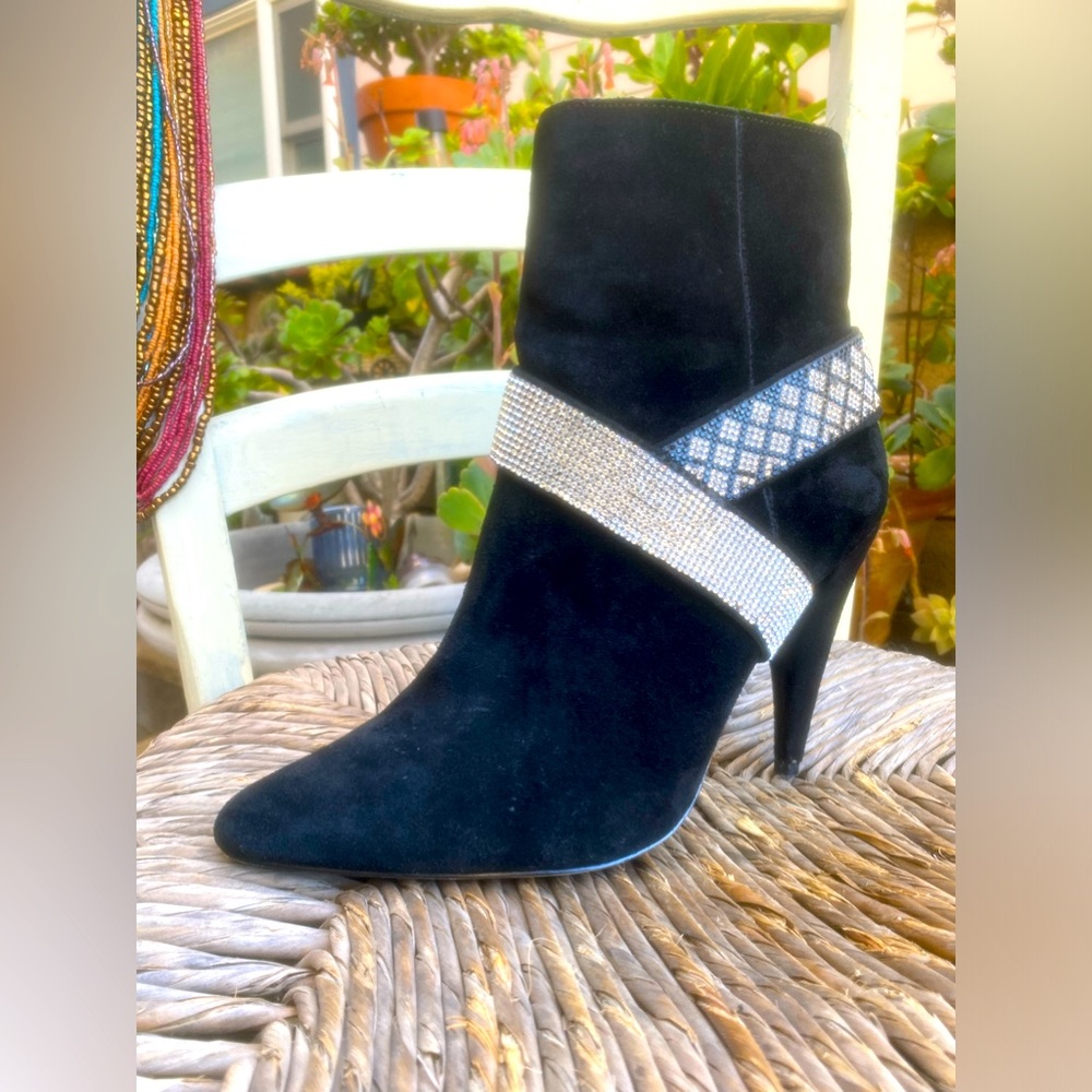 riverside island black suede booties black & diamond encrusted detail sz. 5